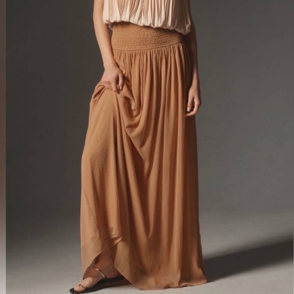 🟠🟠NWT ANTHROPOLOGIE Oversized Smocked Lined Sheer Maxi Skirt in Salmon SMALL